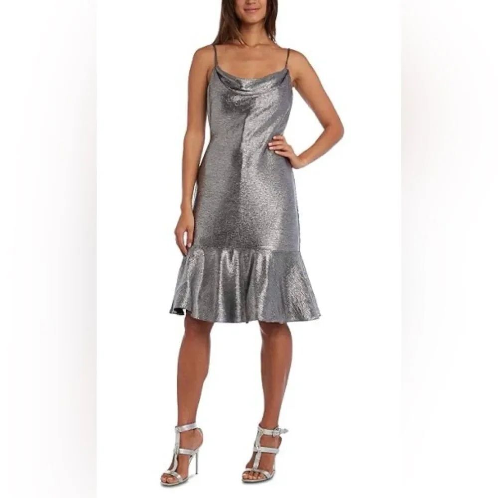 Night way collections metallic silver flounce cowl neck women's dress size 8